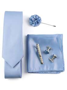 ZONFAZ 5件套男士商务正装领带、手帕、袖扣、胸针、领带夹组合套装，适合西装、婚礼和派对等场合。 - 霧霾藍 - 查看 3