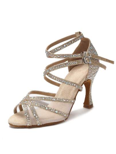 9cm Glittering Gold Latin Dance Shoes For Women, Professional Tango Social Dance Training Shoes, Rhinestone Wedding Heels, Soft Bottom Indoor Party High Heels