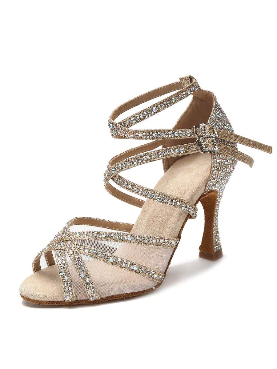 9cm Glittering Gold Latin Dance Shoes For Women, Professional Tango Social Dance Training Shoes, Rhinestone Wedding Heels, Soft Bottom Indoor Party High Heels - Gold - View 1