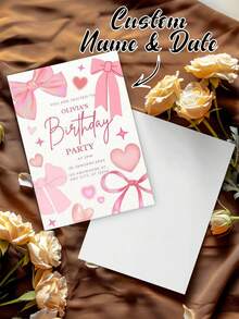 1 Personalized Bow Greeting Card (With Envelope) - Add Text, Photos Or Designs To Create Your Own Custom Card. Pink Bow Birthday Invitation: Cute Girl Party, Can Be Customized As A Folding Birthday Card, Thank You Card, Or Wedding Invitation.