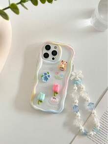 1pc Cream Patterned Painted Accessory With Attached Chain And Wavy Edge Cartoon Phone Case Compatible With IPhone 14, 14 Pro, 14 Pro Max, 13, 13 Pro, 13 Pro Max, 11, 11 Pro Max, 12, 12 Pro, 12 Pro Max, XR, XS, 15, 15 Pro, 15 Pro Max, 16, 16 Pro, 16 Pro Max, 17, 17 Pro, 17 Air, 17 Pro Max, Galaxy S24, A04, A12, A13, A14, A23, A24, A32, A33, A51, A52, A53, A54, A72, And Redmi Series Redmi 9, Redmi 9A, Shock-Proof Phone Protective Case - Multicolor - View 7