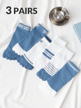 3 Pairs Men's Minimalist Striped, Letter Slogan, Solid Color Antibacterial, Moisture-Wicking, Anti-Pilling Comfortable Short Five Toe Socks, Suitable For Spring, Summer, All Seasons
