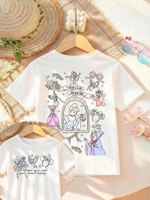 Disney  Alphabet Double-Sided Print Pattern Girls' T-Shirt - Children's Clothing Design Short-Sleeve Casual Cute Style Comfortable And Relaxed Suitable For Boys And Girls, Perfect For Parties And Play Machine Washable Gift Children's Clothing Girls' Short-Sleeve Shirt - 白色 - 查看 1