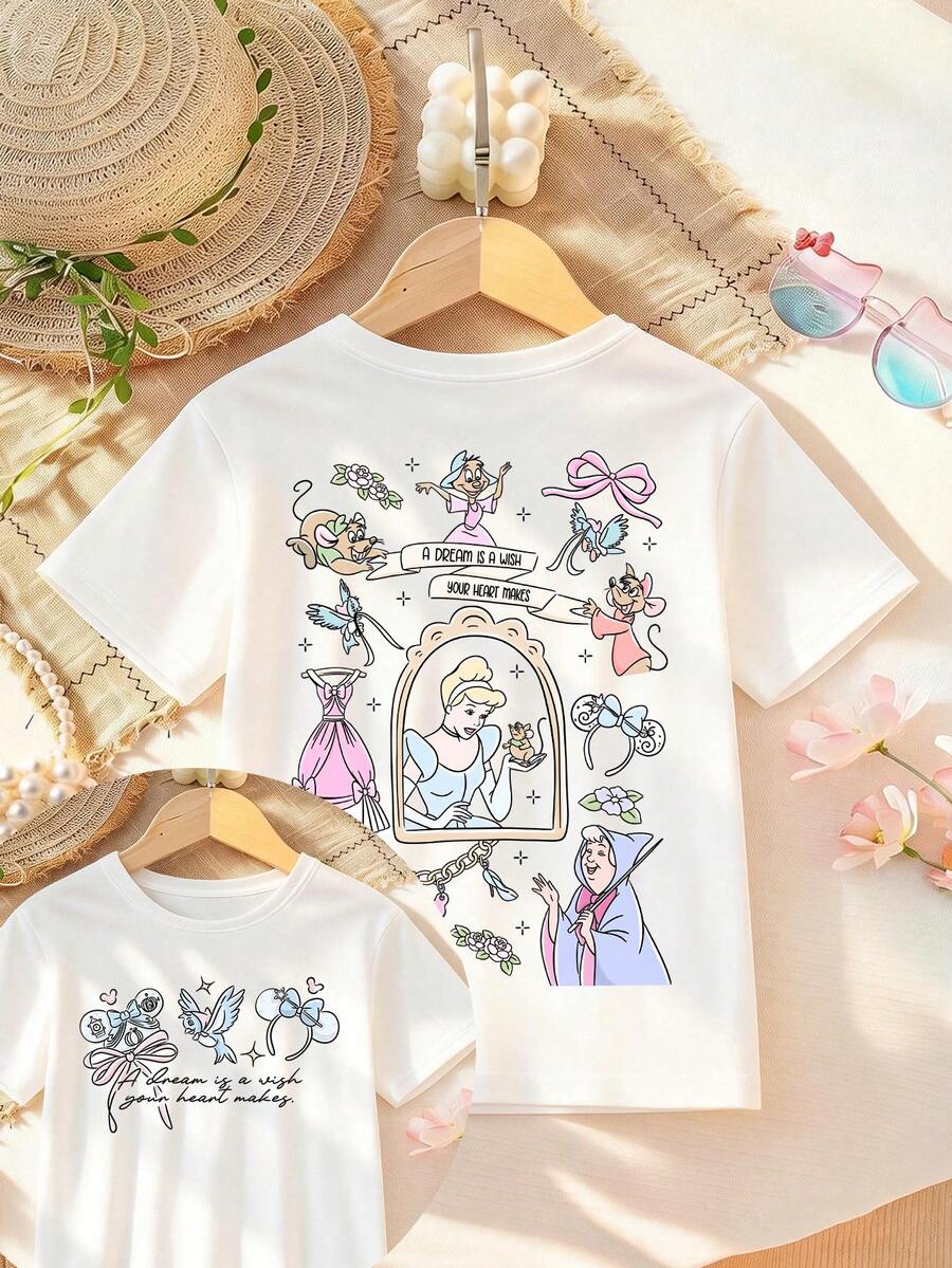 Disney  Alphabet Double-Sided Print Pattern Girls' T-Shirt - Children's Clothing Design Short-Sleeve Casual Cute Style Comfortable And Relaxed Suitable For Boys And Girls, Perfect For Parties And Play Machine Washable Gift Children's Clothing Girls' Short-Sleeve Shirt - 白色 - 查看 1