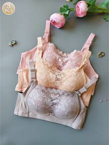 3 件装 女士 紫色+裸色+粉色 舒适 防下垂 提升 透气 轻度支撑 无钢圈文胸 - 彩色 - 查看 11