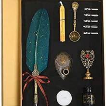 Domary Juego de pluma y tinta vintage, pluma estilogrfica brillante, pluma de inmersin de caligrafa, pluma de firma con puntas de repuesto, soporte para bolgrafo, regalo de cumpleaos de lujo para - verde negruzco - Ver 2