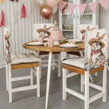 1pc/4pcs/6pcs/10pcs Easter Series Plush Chair Cover With Printed Image Of A Brown And White Rabbit Wearing A Floral Woven Hat And Patterned Scarf, Surrounded By Daisy, Rose And Other Flowers - Multicolor - View 5