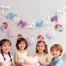 儿童女孩美人鱼主题生日派对装饰，海洋珍珠贝壳背景墙挂横幅 - 彩色 - 查看 7