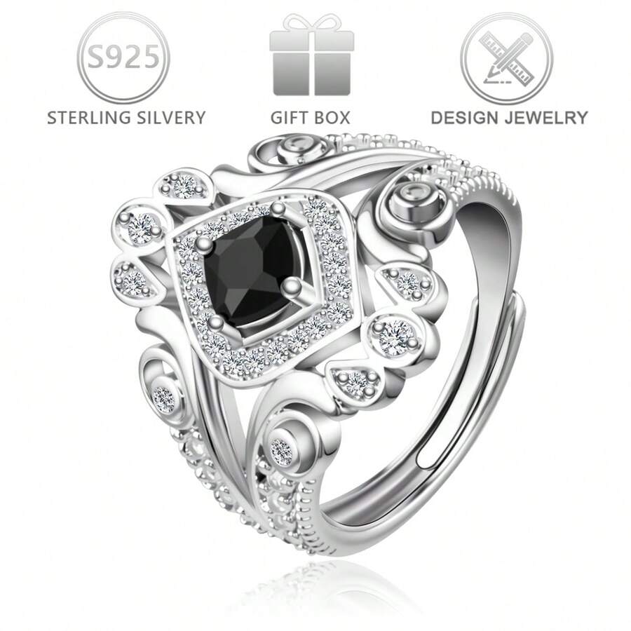 1 szt. regulowany pierścionek ze srebra próby 925 w stylu pałacowym z cyrkoniami sześciennymi o geometrycznym wzorze, dla kobiet, odpowiedni do noszenia na co dzień, na bankiet, imprezę, święta, urodziny, prezent rocznicowy - Srebro - Zobacz 1