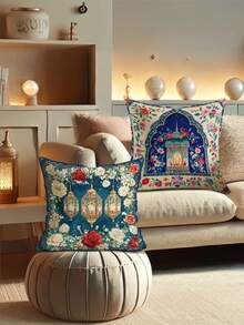 4 pièces Housses de coussin décoratif pour la décoration de Ramadan, arche florale, lanterne. Style vintage boho en bleu, rouge, blanc et vert. Doux et confortable. Impression unilatérale pour le salon, la chambre, le canapé et le lit, sans les inserts de coussin. - bleu indigo - Voir 5