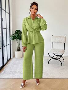 2pcs Women Summer Casual Minimalist Daily Collared Twist Waist Shirt And Relaxed Pants Set, Suitable For Home And Commute - Grass Green - View 1