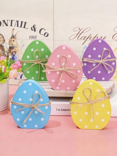 3pcs Easter Egg Wooden Desktop Decor, Polka Dot Pattern, With Rope, Suitable For Home Party Decoration; Easter Egg Wooden Decor Plaque, Colorful Polka Dot Egg Shape, With Jute Rope, Spring Polka Dot Desktop Ornament, Suitable As Gift, Home, Office Party Supplies.