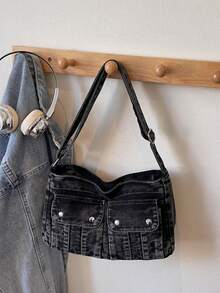 复古女士单肩包，多功能高品质腋下包，小众时尚牛仔手提包带吊坠 - 黑色 - 查看 3