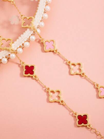 2pcs Fashionable, Elegant, Sweet & Cute Clover, Hollow Clover Chain Bracelets For Women