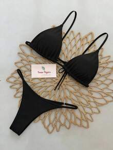 Women's Backless Spaghetti Strap Bikini Set, Tie Detail And Side Tie Bottom, Medium Stretch Casual Swimwear - Black - View 2