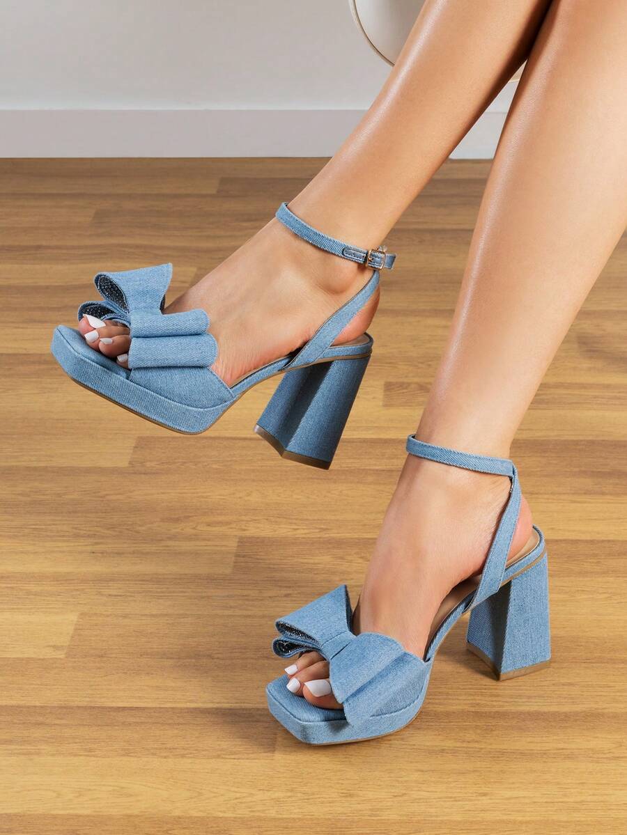 Women Chunky Platform Heeled Sandals, Fashion Bow Knot Ankle Strap Heeled Sandals, Open Square Toe Sandals For Spring Summer Party Wedding Prom - 藍色 - 查看 1
