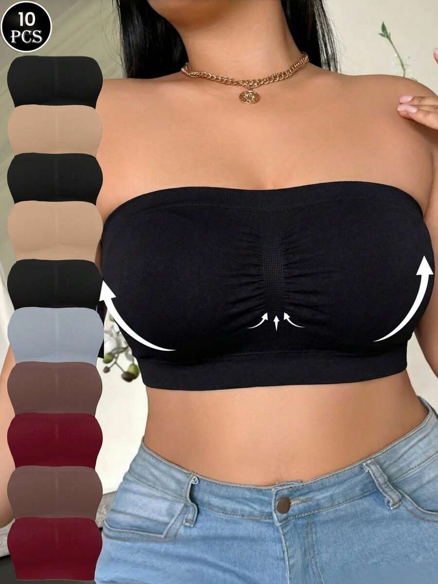 10 Pcs Plus Size Women's Comfortable And Breathable Seamless Padded Strapless Plunge Bra, Basic Multi-Color Tank Bra - Multicolor - View 1