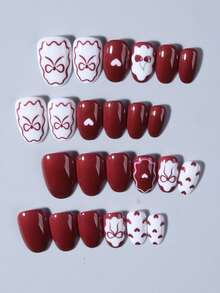 Bộ 24 móng giả acrylic kiểu Pháp hình oval ngắn, nơ, trái tim và quả anh đào, bao gồm 1 gel dẻo và 1 dũa móng, sáng bóng và đẹp mắt cho ngày Valentine và màu đỏ tía, phù hợp cho phụ nữ và các cô gái sử dụng hàng ngày đi làm và dự tiệc. - Màu Đỏ Sâu - Xem 3