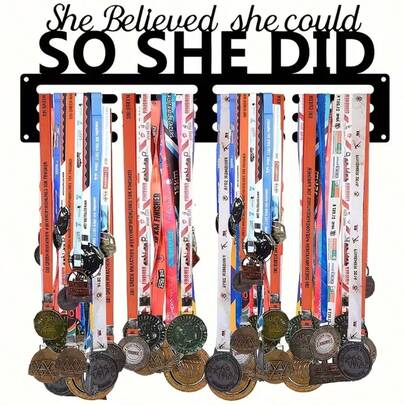 1pc "She Believed She Could, So She Did" Inspirational Medal Hanger, Metal Wall Display Rack For Organizing Medals, Easy To Install, Sports And Marathon Athlete Award Ribbon Organizer