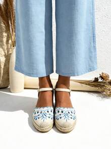Sandales espadrilles pour femmes, espadrilles avec bride de cheville, sandales plates pour femmes, semelle en esparto - Bleu azur - Voir 3