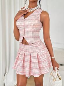Aliling Women's Sleeveless Vest Button Front & Pleated Mini Skirt Two Pieces Set – Perfect For Elegant Party Looks, Date Night,Graduation, Wedding Guest Summer - Baby Pink - View 6