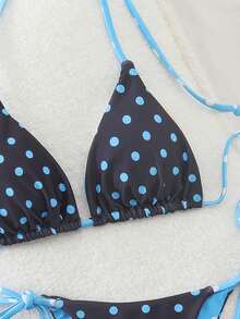 女士夏季沙滩波点印花挂脖系带比基尼泳装套装，性感欧美风度假风 - 藍色 - 查看 4