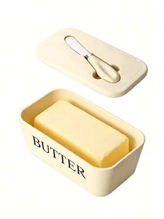 1个带盖和涂抹器的密封黄油奶酪储物盒，适用于家庭厨房台面、餐厅、烘焙、聚会、户外野餐和露营。