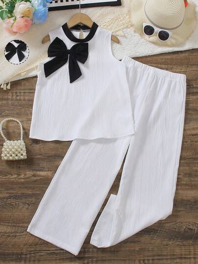 2pcs/Set Girls Casual Elegant Butterfly Decor Round Neck Sleeveless Top And Loose White Wide Leg Pants Set