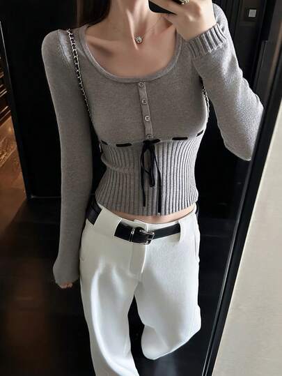Korean Style Casual Lace-Up U-Neck Pullover Knit Sweater, Slim Fit Versatile Long Sleeve Women Sweater, Suitable For Valentine's Day/Spring