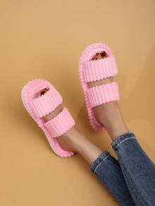 女士条纹优雅布艺拖鞋，时尚家居服，四季皆宜 - 粉色 - 查看 2