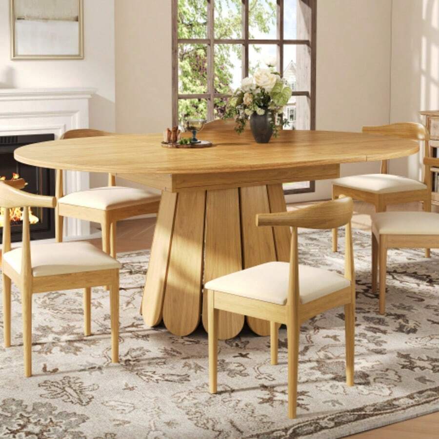 Extendable Dining Table, Kitchen Table, Balcony Table, Wooden Table. Round Table Extends Into An Oval Shape, 118-158 Cm, Seats Up To 6 People, Made Of Wood. - Camel - View 1