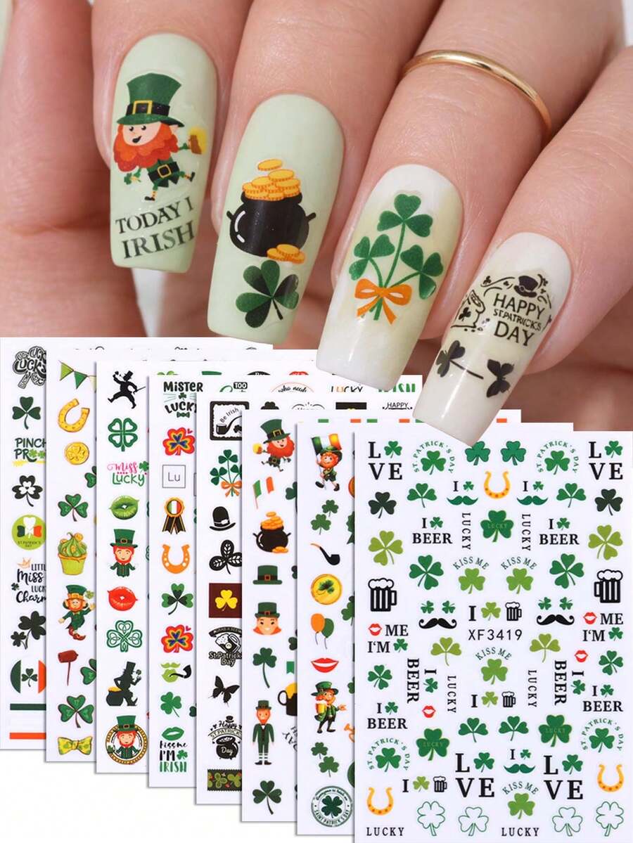 Bộ 8 miếng dán móng tay hình cỏ ba lá xanh và bia chủ đề Ngày Thánh Patrick. - Nhiều màu - Xem 1