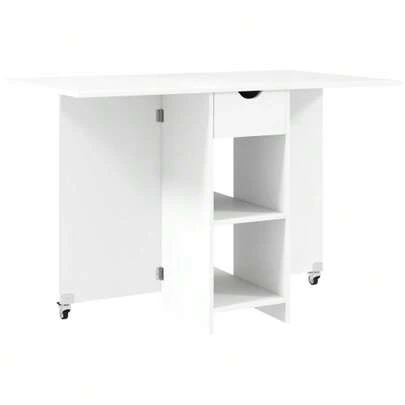 HOMCOM Folding Dining Table, Mobile Kitchen Table For 2-4 People With Open Shelves, 1 Drawer, Folding Table For Small Spaces, Dining Room 114.5 X 70 X 75 Cm, White