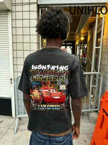 Disney UNIHLO  Lightning McQueen  Printed Summer Heavyweight Retro Washed Street Fashion Casual T-Shirt - màu đen - Xem 1