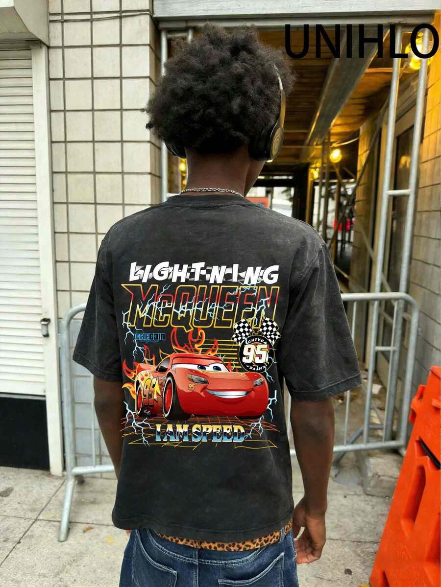 Disney UNIHLO  Lightning McQueen  Printed Summer Heavyweight Retro Washed Street Fashion Casual T-Shirt - màu đen - Xem 1