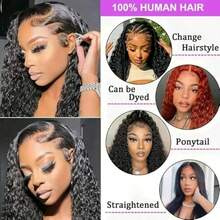 DV Part Wigs Human Hair Burmese Curly Gluel Wig Human Hair 200% Density Wet And Wavy Water Wave V Part Wig With Drawstring And Spiral End Beginner Friendly Blend Curly Natural Black - 捲髮V字形分縫假髮 - 查看 4