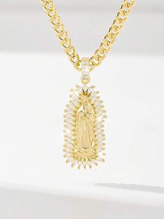  1pc Classic European & American Style Copper Inlaid Zirconia Guadalupe Virgin Mary Pendant Necklace, Limited Edition, Suitable As Gift For Christmas, Thanksgiving, Halloween, Mother's Day, Valentine's Day, Friends, Godparents, First Holy Communion, Daily Wear And Prayer
