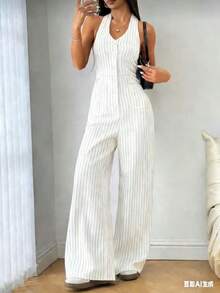 Women's Halter Striped Jumpsuit With Buttons, Wide Leg Tailored Pants, Jumpsuit With Buttons, Wide Leg Jumpsuit, Long Jumpsuit - 白色 - 查看 1