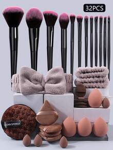32pcs Makeup Brush Set, Anti-Smudge And Easy To Apply Powder Evenly, Include Mini Powder Puff, Triangle Powder Puff, Water Drop Makeup Sponge, Cleansing Band, Convenient For Travel And Carry