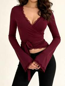Ballet Wrap Tops For Women Y2k Lace Sheer Mesh Crop Tops Long Sleeve Deep V Neck Cross Wrap Pilates Coquette Tops Slim Fit Workout Yoga Aesthetic T-Shirts - Burgundy - View 1