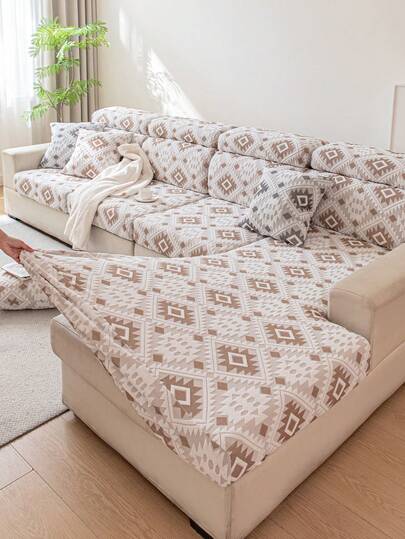1pc Minimalist Geometric Pattern Sofa Slipcover, Anti-Scratch, Available In Multiple Colors, Fade-Resistant, Pill-Resistant, Machine Washable, Reusable Sofa Cover, Suitable For Living Room & Bedroom, Pet-Friendly, All Season