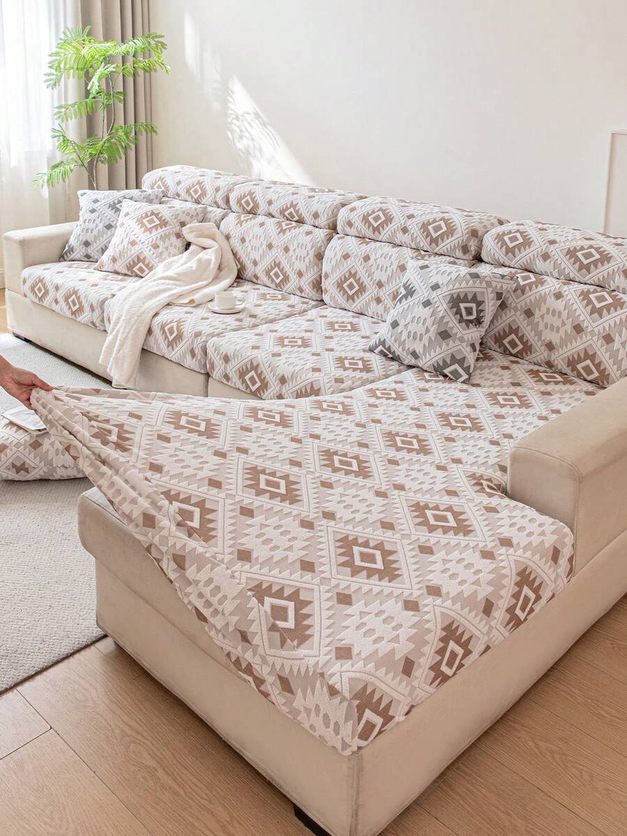 1pc Minimalist Geometric Pattern Sofa Slipcover, Anti-Scratch, Available In Multiple Colors, Fade-Resistant, Pill-Resistant, Machine Washable, Reusable Sofa Cover, Suitable For Living Room & Bedroom, Pet-Friendly, All Season - Khaki - View 1