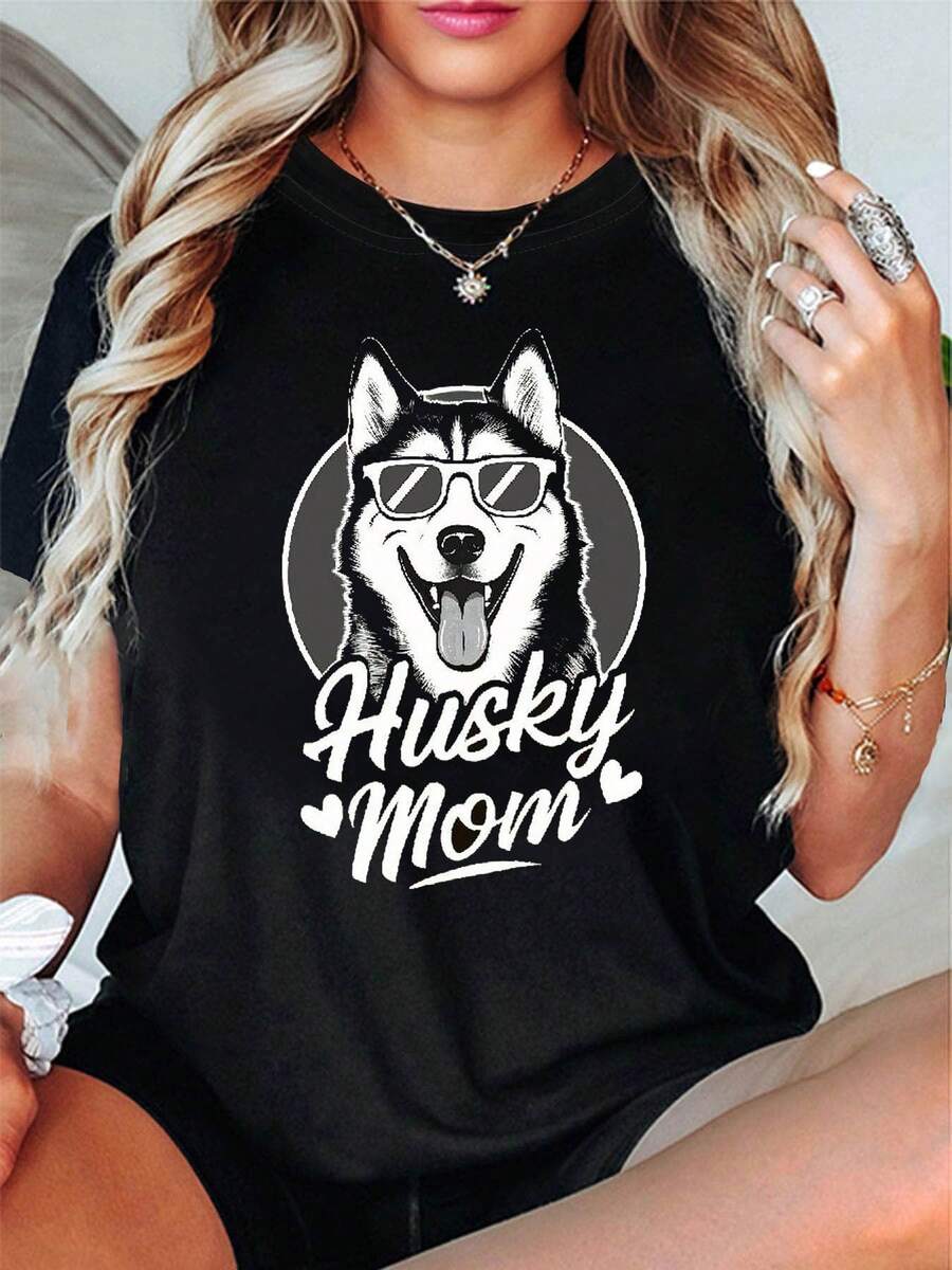 Women'S Husky Mom Graphic T-Shirt - With Husky Dog & "Husky Mom" Text, Soft Stretchy Crew Neck Short Sleeve Casual Summer Top, Everyday & Special Occasion Outfits, Dog Lover Apparel, Spring Fashion, Playful Design, Comfortable Fit, Printed Tee - màu đen - Xem 1
