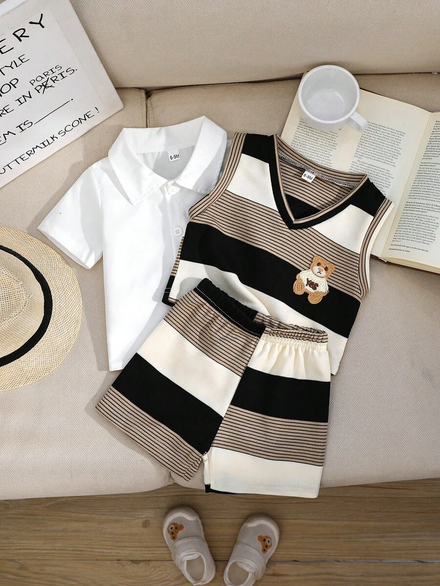 3pcs Baby Boy Outfit Set: Sleeveless Striped Bear Embroidered Vest, White Shirt, And Casual Shorts