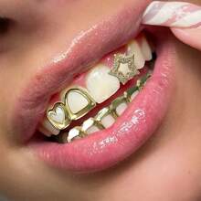 1 Set Top Zirconia Pentagram Bicolor Smooth Heart, Bottom Smooth Hollow 6-Tooth Dental Jewelry Grillz, Unisex Everyday Wear - Multicolor - View 1