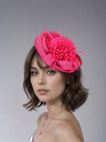 1pc Floral Print Solid Color Elegant Polyester Feather Fascinator Hat, Suitable For Wedding, Holiday Party, Tea Party, Christmas, Easter, Racing Event, Bachelorette Party