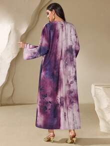 女士优雅花卉印花扎染宽松前开式阿拉伯长袍，配围巾，优雅长袍，适合春假、海滩、婚礼宾客、生日、暑假等场合。 - 彩色 - 查看 2