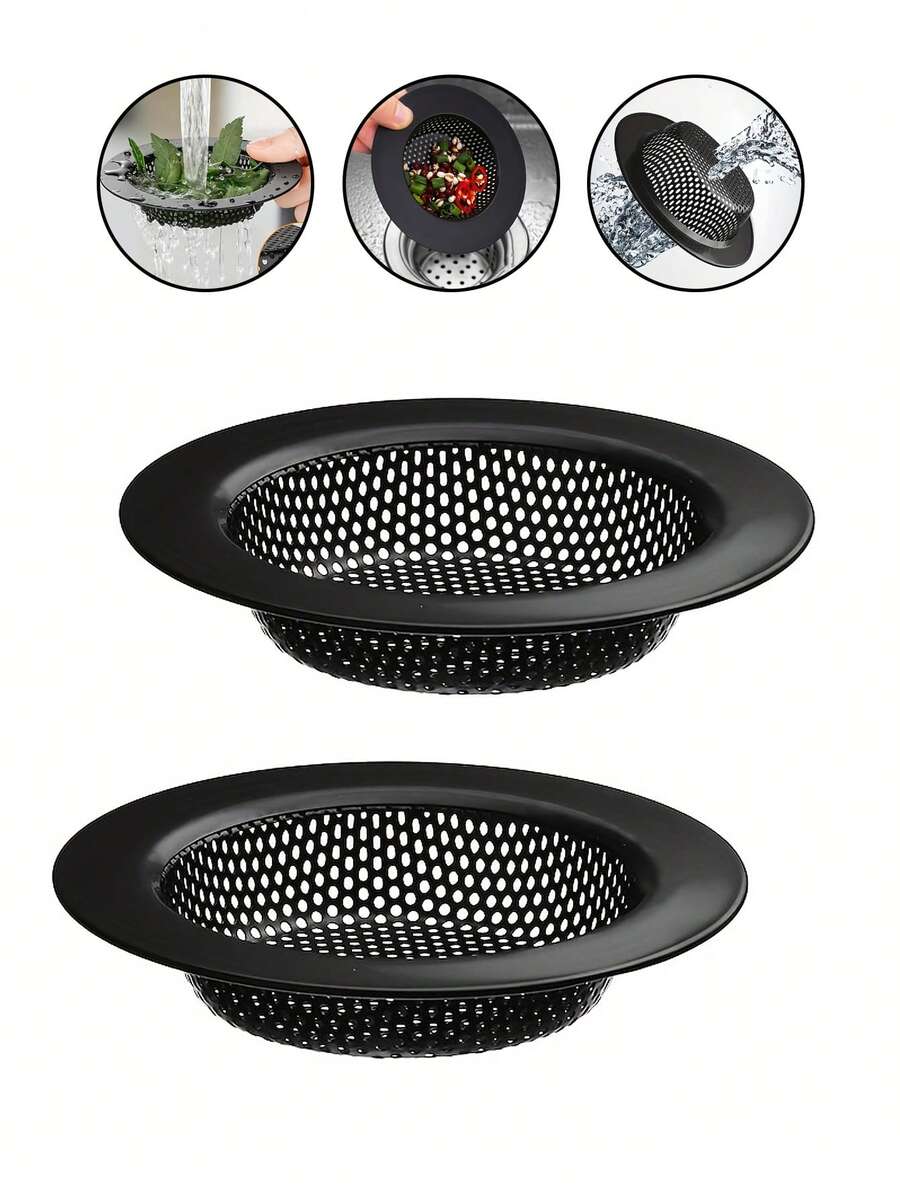 2个装黑色不锈钢厨房水槽过滤器 - 防堵塞设计，防锈且易于清洁，适用于大多数排水管道。也适用于厨房水槽、浴室和洗手盆。
