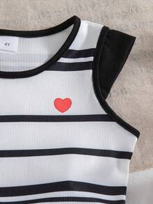 2pcs Girls Casual Striped Heart Print Sleeveless Top And Shorts Set, Summer - Black - View 5