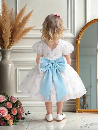 Baby Girls' Square Neck Floral Pattern Bow Shiny Tulle Cute Flower Girl Dress, Suitable For 1st Birthday Party, Vacation, Does Not Include Headband